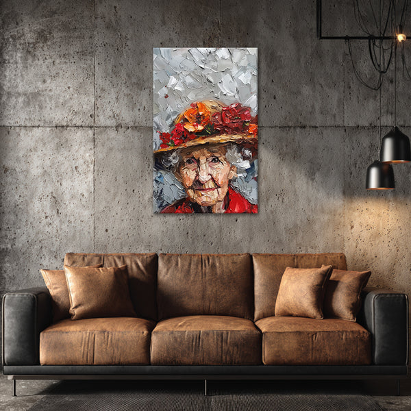 Elderly Woman With Floral Hat | Expressive Portrait Canvas Painting For Artistic Wall Décor