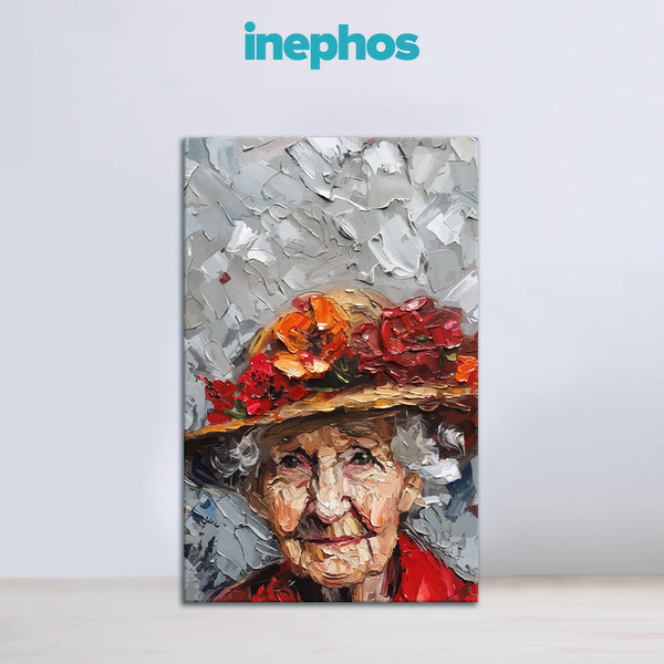 Elderly Woman With Floral Hat | Expressive Portrait Canvas Painting For Artistic Wall Décor