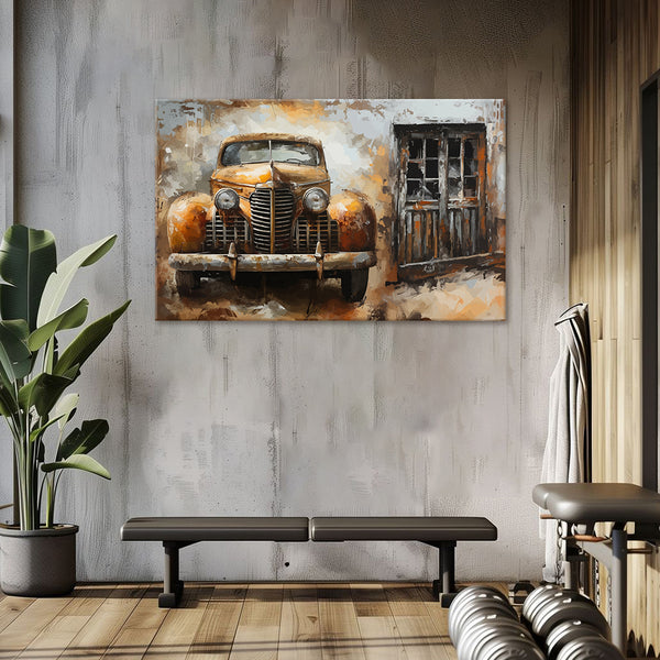 Vintage Car and Rustic Window | Retro Style Canvas Wall Art for Living Room & Lounge