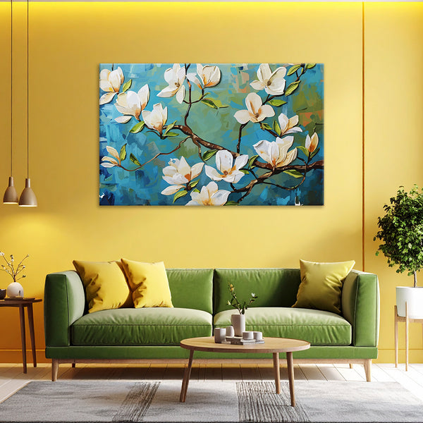 White Magnolia Flower Canvas Painting | Floral Wall Art for Bedroom & Living Room Home Decor