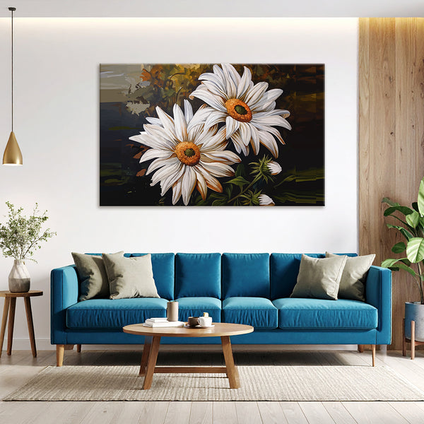 Daisy Flower Canvas Painting | Realistic White Flower Wall Art for Living Room & Nature Decor