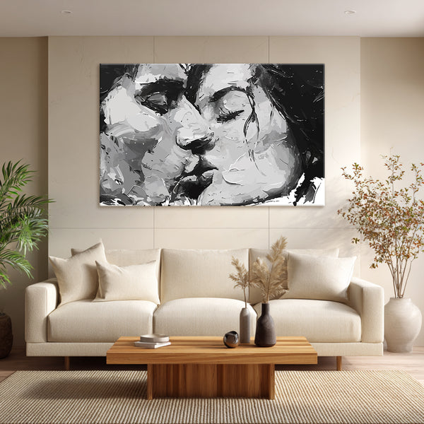 Romantic Kiss Black & White Canvas Painting | Emotional Couple Wall Art for Bedroom Decor