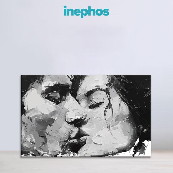 Romantic Kiss Black & White Canvas Painting | Emotional Couple Wall Art for Bedroom Decor