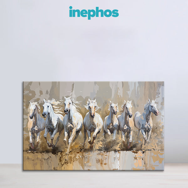 Seven White Horses Running Canvas Painting | Vastu Wall Art For Home & Office