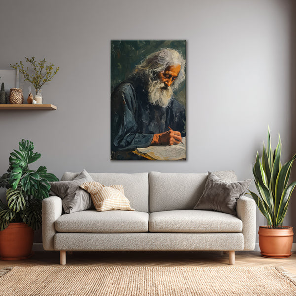Rabindranath Tagore Painting | Wise Old Writer Canvas | Portrait Of Bearded Man Writing For Study Room & Library Wall Decor | Rabindranath Thakur Wall Art For Bedroom, Living Room