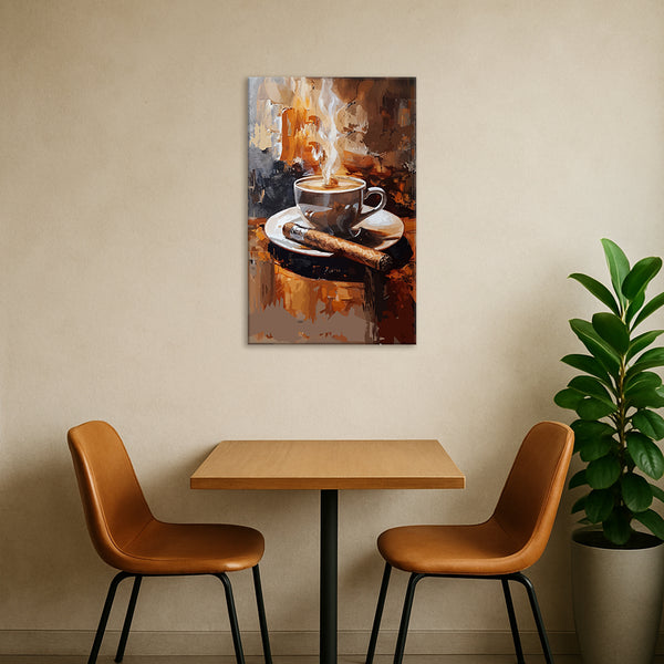 Hot Coffee with Cigar | Warm and Bold Wall Art Canvas Painting for Kitchen & Cafe Corners
