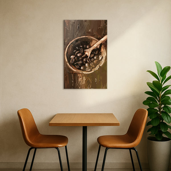 Coffee Beans in Wooden Bowl | Rustic Kitchen Canvas Painting for Coffee Lovers and Home Cafes
