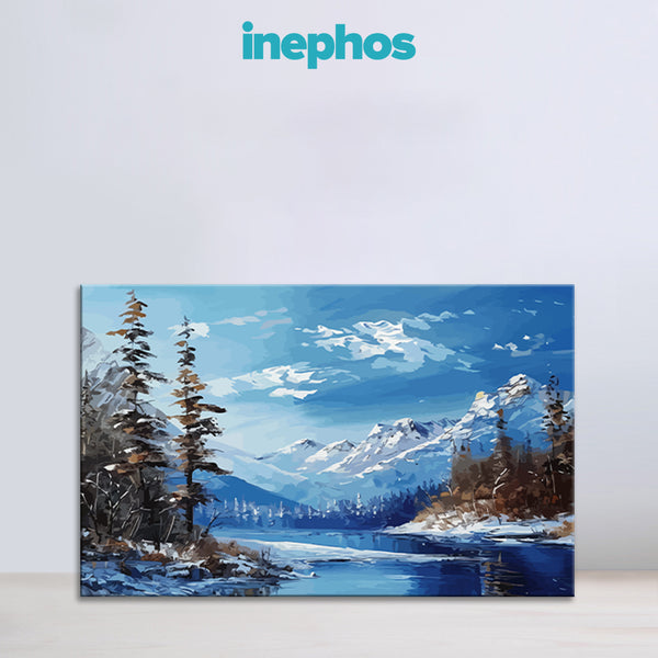 Snowy Lake and Mountains | Peaceful Winter Landscape Canvas Wall Art for Living Rooms
