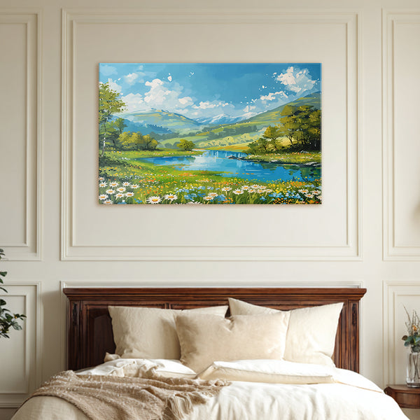 Spring Meadow Landscape | Colorful Nature Canvas Painting for Hallways and Bedrooms