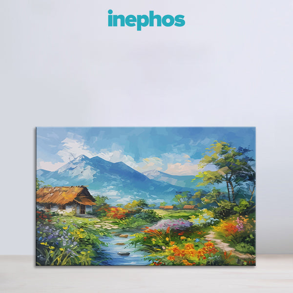 Cottage By The Mountains | Scenic Countryside Canvas Wall Art For Home Interiors