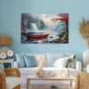 Red Boat By Waterfall | Serene Lake Canvas Wall Art For Bedroom And Reading Nooks