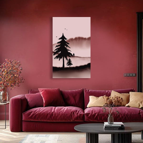 Silhouette Trees At Dawn | Minimal Nature Canvas Wall Art In Soft Pink For Modern Interiors