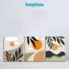 Three abstract art prints with orange circles and black leaves on a light gray background, featuring the brand 'inephos'.