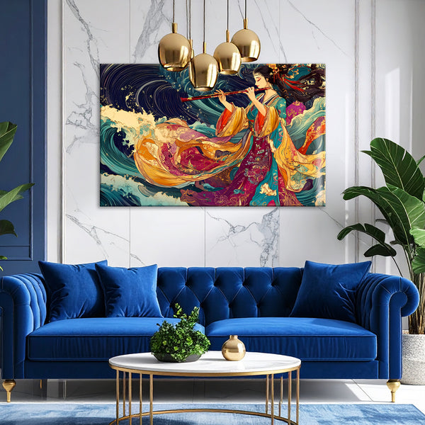 Japanese Geisha Painting | Chinese Hanfu Canvas | Traditional Asian Woman in Flowing Robes Playing Flute Wall Art for Home & Office Décor