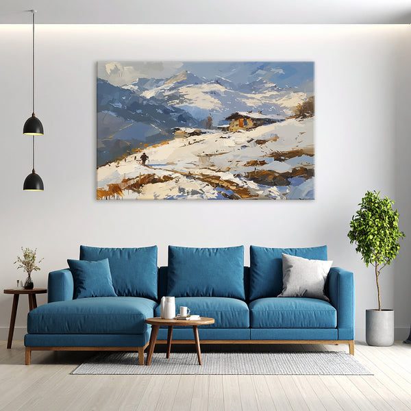 Snowy Hillside Cottage | Serene Mountain Canvas Wall Art For Cozy Spaces