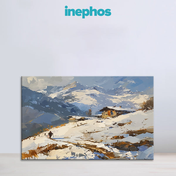 Snowy Hillside Cottage | Serene Mountain Canvas Wall Art For Cozy Spaces