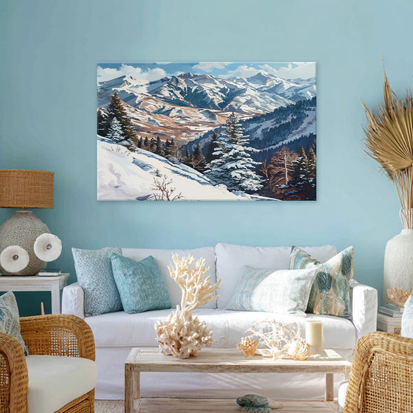 Snowy Mountain Range | Bright Winter Landscape Canvas Wall Art For Home & Office