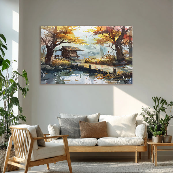 Autumn Cabin In Woods | Warm Fall Landscape Canvas Wall Art For Rustic Interiors