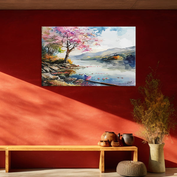 Cherry Blossom By Lake | Colorful Spring Canvas Wall Art For Bedroom & Living Room