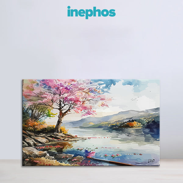 Cherry Blossom By Lake | Colorful Spring Canvas Wall Art For Bedroom & Living Room