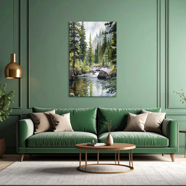 Forest River Flow | Calm Nature Canvas Wall Art For Green Spaces & Relaxation Corners