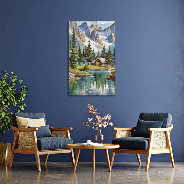 Log Cabin by Snowy Lake | Peaceful Winter Canvas Wall Art for Home & Lodge Decor