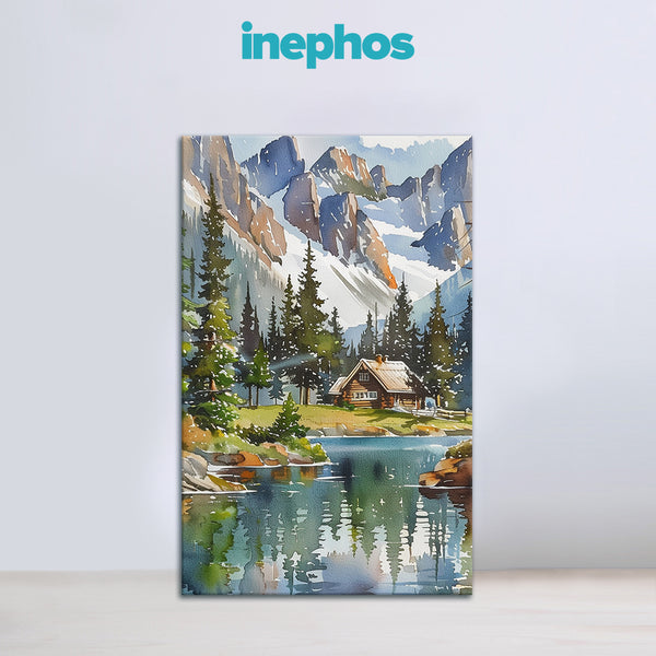 Log Cabin by Snowy Lake | Peaceful Winter Canvas Wall Art for Home & Lodge Decor