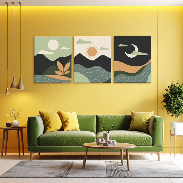 Modern living room with a green sofa, yellow walls, and abstract wall art.