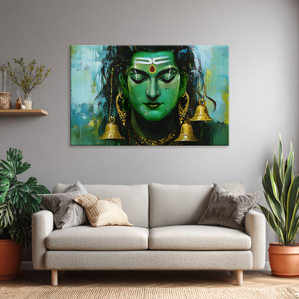 Lord Shiva Wall Art Painting | Bholenath Canvas with Golden Bells | Spiritual Religious God Meditation Wall Art for Living Room | Har Har Mahadev Artwork for Temple & Home Décor