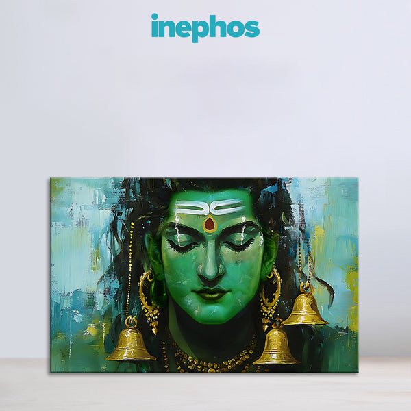 Lord Shiva Wall Art Painting | Bholenath Canvas with Golden Bells | Spiritual Religious God Meditation Wall Art for Living Room | Har Har Mahadev Artwork for Temple & Home Décor