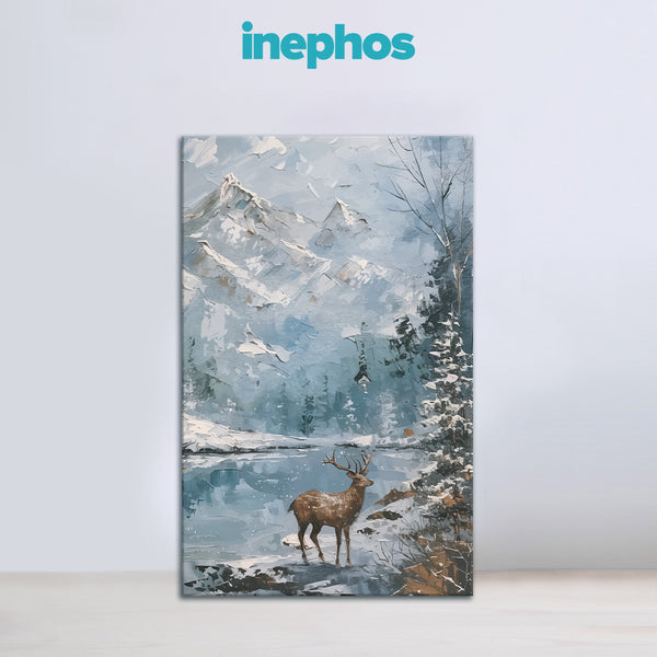 Winter Stag in Snowy Mountains | Serene Wildlife Canvas Wall Art for Living Room & Study