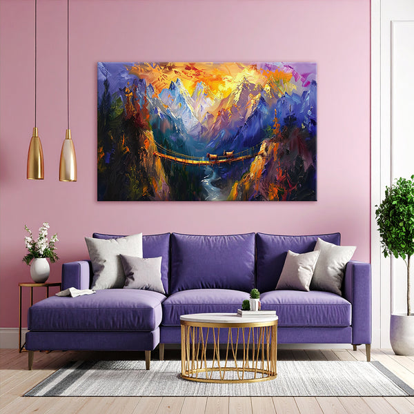 Bridge Across Fiery Mountains | Colorful Fantasy Canvas Art For Living Room & Hall