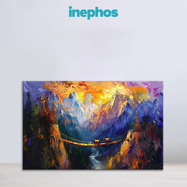 Bridge Across Fiery Mountains | Colorful Fantasy Canvas Art For Living Room & Hall