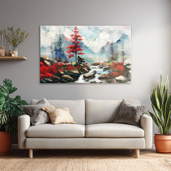 Red Tree By Waterfall | Vibrant Mountain Forest Canvas Wall Art For Hall & Living Room