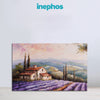 Painting of a scenic landscape with a house and lavender field, branded 'inephos'.