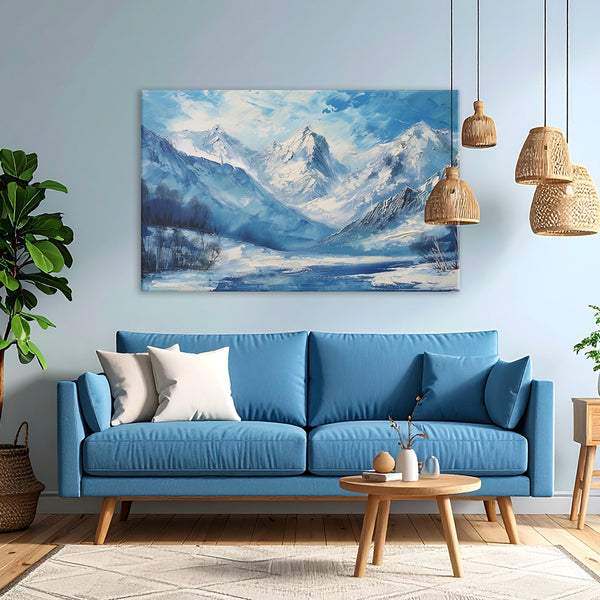 Living room with a blue sofa, mountain painting, and wooden coffee table.