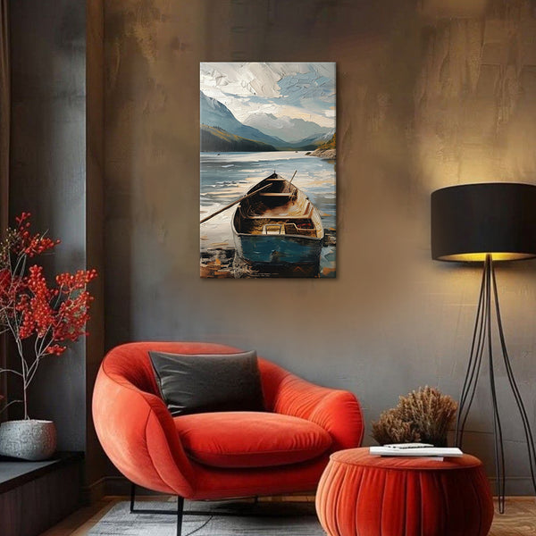 Modern living room with red armchair, lamp, and painting of boats on a lake.