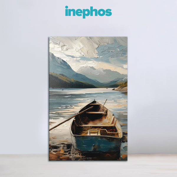 Canvas print of a boat on water with mountains in the background, branded 'inephos'.