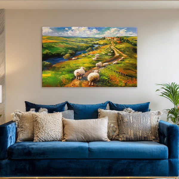 Blue sofa with decorative pillows in a room with a large painting of a pastoral scene on the wall.