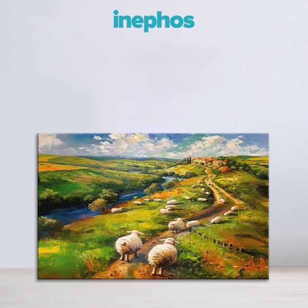Painting of sheep in a pastoral landscape with 'inephos' branding.