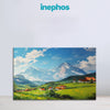 Landscape painting with houses and mountains, branded 'inephos' on a light gray background