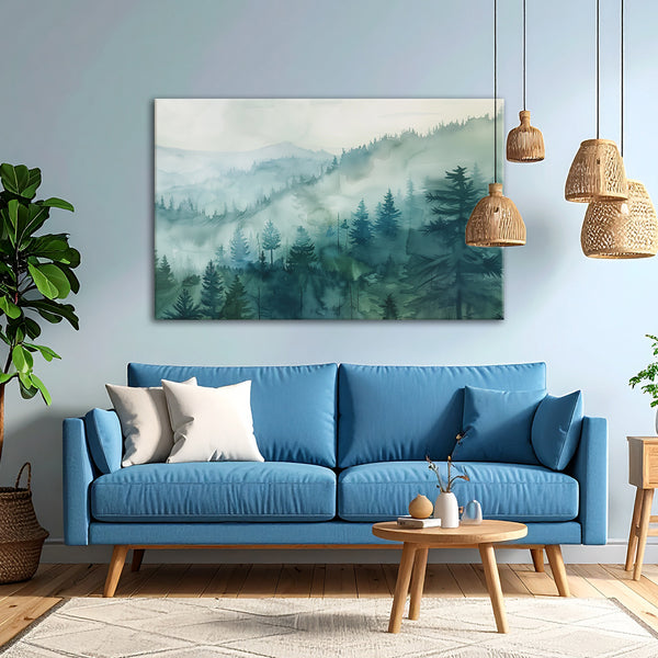 Modern living room with a blue sofa, wooden coffee table, and nature-themed wall art.