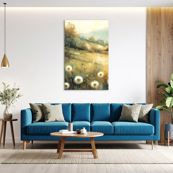 Modern living room with a blue sofa, wooden coffee table, and abstract painting on the wall.