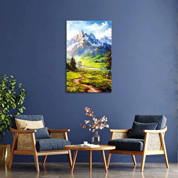 Lavish living room with a mountain landscape painting on a blue wall.