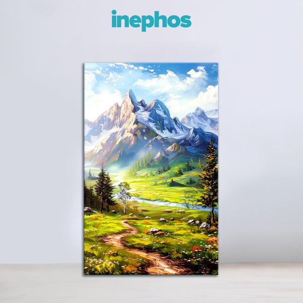 Scenic landscape painting with mountains and a path, branded 'inephos'.