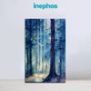 Framed artwork of a forest scene with 'inephos' branding on a light blue background