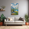 Living room with a gray sofa, decorative pillows, and a large painting of a mountain landscape on the wall.