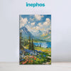 Canvas print of a mountain landscape with flowers and trees, featuring the brand 'inephos'.