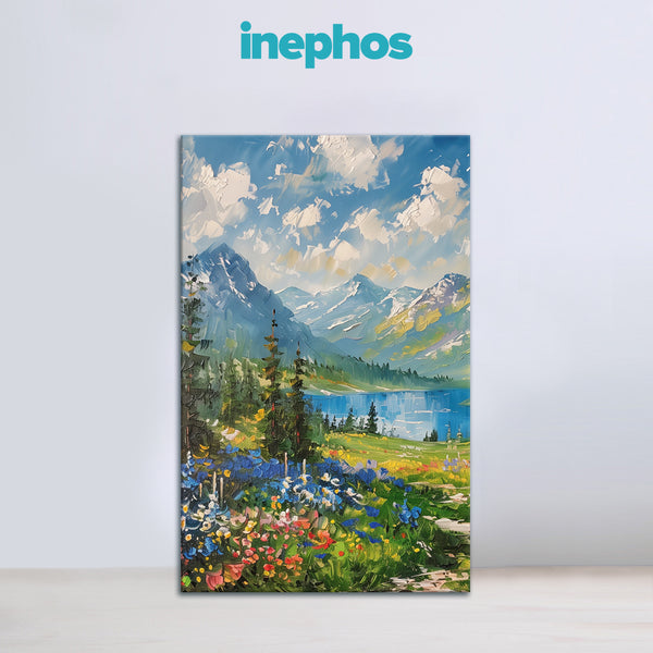 Canvas print of a mountain landscape with flowers and trees, featuring the brand 'inephos'.