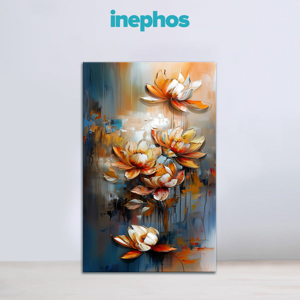 Abstract painting of flowers with 'inephos' branding on a light gray background